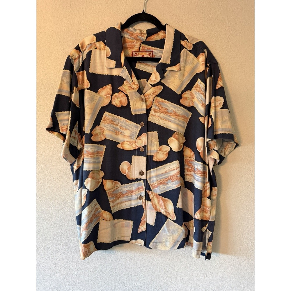 Caribbean Joe Blouse Hawaiian Shirt Size 3X Multicolor Sea Shells Rayon